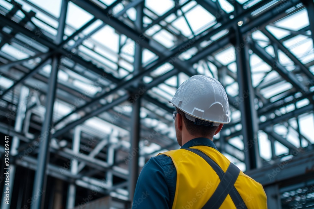 overshoulder view of architect by steelwork overshoulder view of architect by steelwork
