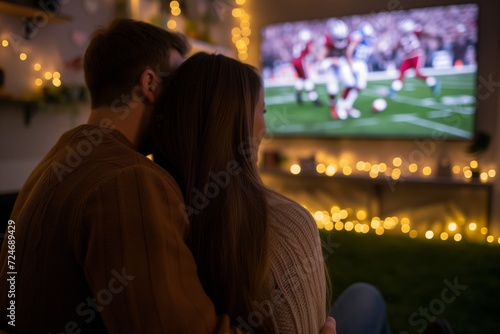 couple enjoying a romantic moment with a football game on