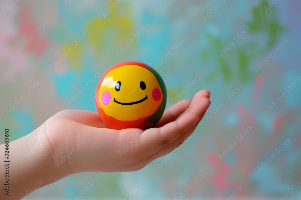 Happy Smiley symbol colorful round circle ball in hand expressing joy and happiness. Smiley and Happy Face Cheerful Emoji Laughing smile radiate positive emotions. Grinning Joyful Expression icon face