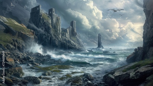 Fantasy landscape with seagulls flying over rocks and sea
