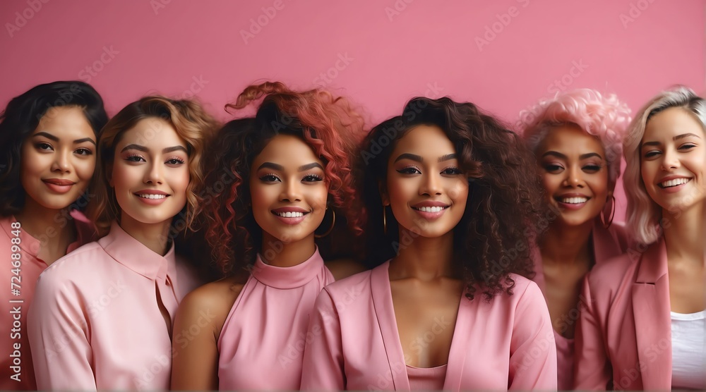Portrait of diverse inclusive group of happy woman, woman's month concept, pink theme from Generative AI Portrait of diverse inclusive group of happy woman, woman's month concept, pink theme from Generative AI