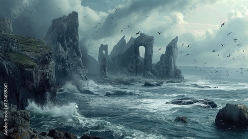 Fantasy landscape with seagulls flying over rocks and sea photo