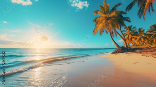 Tropical beach with palm trees with sunshine  travel concept