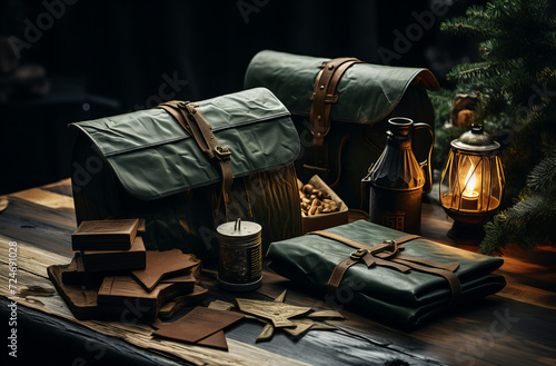 Vintage Gifts and Lantern on Wooden Table, nostalgic still life of wrapped vintage gifts, a glowing lantern, and books, evoking a cozy, festive atmosphere in a rustic setting