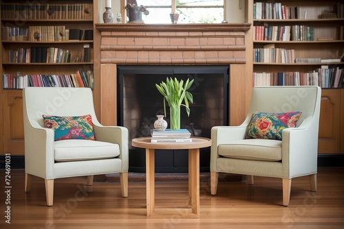 two armchairs comfortably set before a fireplace, with books on table © studioworkstock