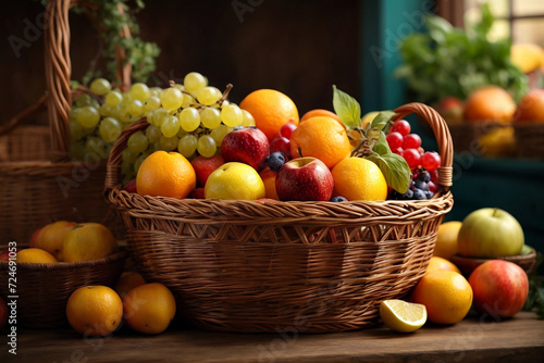 Healthy Food -  Basket Full of Fresh Fruits at Natural Sunset Light