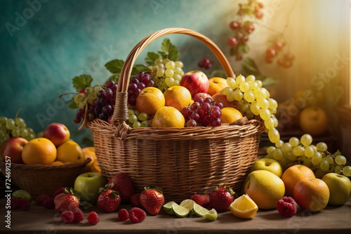 Healthy Food -  Basket Full of Fresh Fruits at Natural Sunset Light