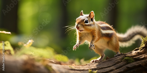 Vibrant Chipmunk in Natural Habitat: Sunlit Forest Wildlife Photography with Bokeh Background