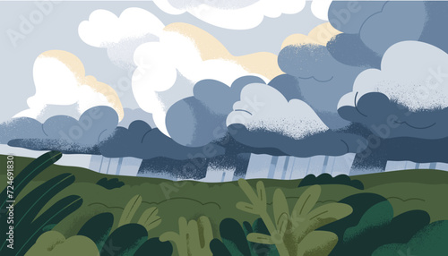 Sun behind rainy clouds, overcast cloudy sky and downpour. Weather change. Landscape background, nature scenery with heavy rain, storm and sunlight rays after rainclouds. Flat vector illustration