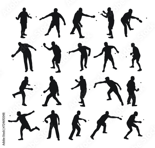 Set of black silhouettes of tennis players with racket and ball, isolated vector