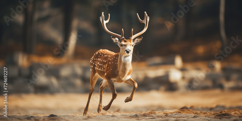 Majestic Spotted Deer Prancing in Golden Forest Light - Wildlife Photography