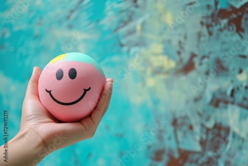 Happy Smiley symbol colorful round circle ball in hand expressing joy and happiness. Smiley and Happy Face Cheerful Emoji Laughing smile radiate positive emotions. Grinning Joyful Expression icon face photo