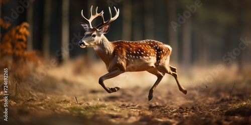 Majestic Spotted Deer Galloping in Sunlit Forest - Wildlife in Motion