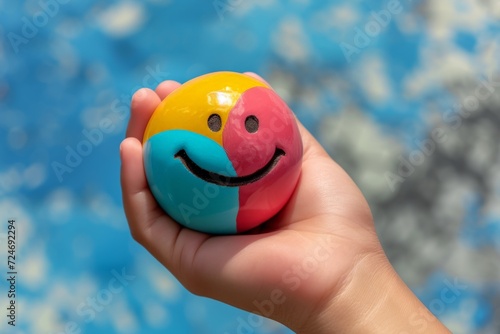 Happy Smiley symbol colorful round circle ball in hand expressing joy and happiness. Smiley and Happy Face Cheerful Emoji Laughing smile radiate positive emotions. Grinning Joyful Expression icon face photo