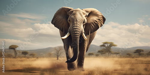 Majestic African Elephant Approaching in Golden Savannah Wilderness, Wildlife Scenery with Acacia Trees Under Cloudy Sky