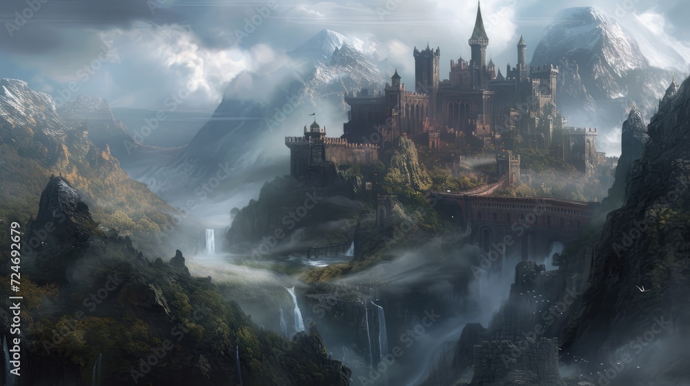 Panorama of the castle in the foggy mountains. Fantasy landscape