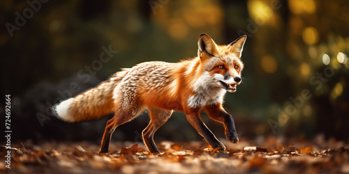 Autumn Ambiance: Majestic Red Fox Trotting amid Fallen Leaves - Wildlife Photography