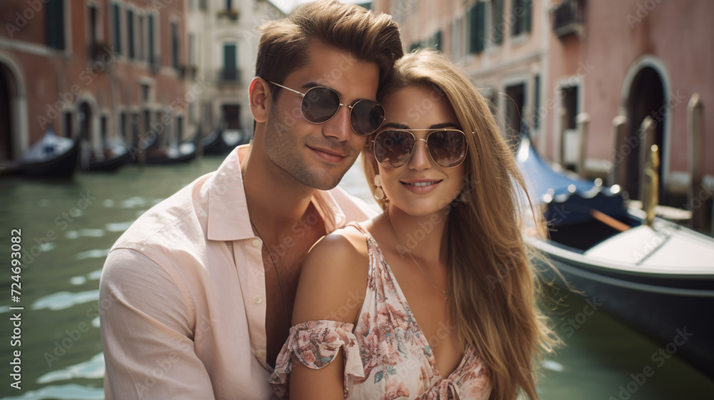 Beautiful young couple in venice, italy. Man and woman in sunglasses
