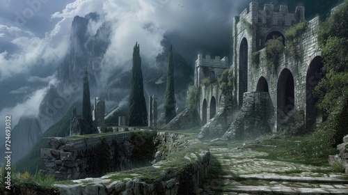 A place of mystery, ruins of ancient castles, mysterious fog