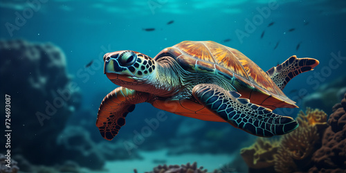 Majestic Sea Turtle Swimming Gracefully in Coral Reef Ecosystem, High-Resolution Underwater Wildlife Photography