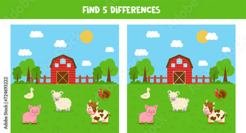 Find five differences between pictures. Farmland landscape with animals.