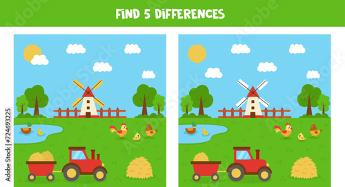 Find five differences between pictures. Farmland landscape with animals.