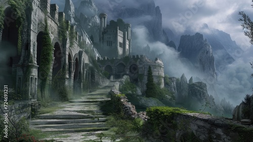 Panorama of the castle in the foggy mountains. Fantasy landscape