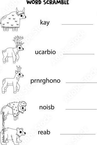 Puzzle for kids. Word scramble for children. Black and white  North American animals.