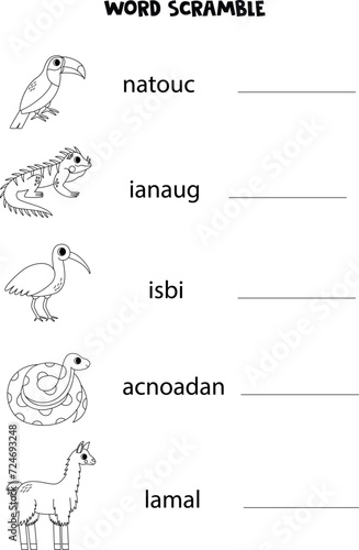 Puzzle for kids. Word scramble for children. Black and white  South American animals.