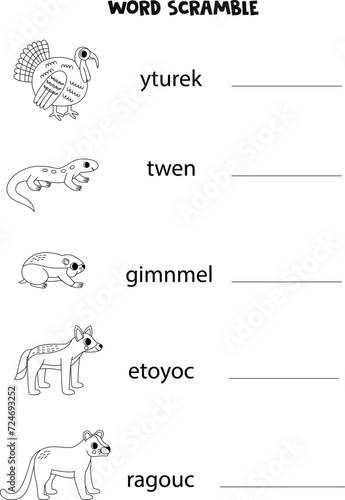 Puzzle for kids. Word scramble for children. Black and white  North American animals.