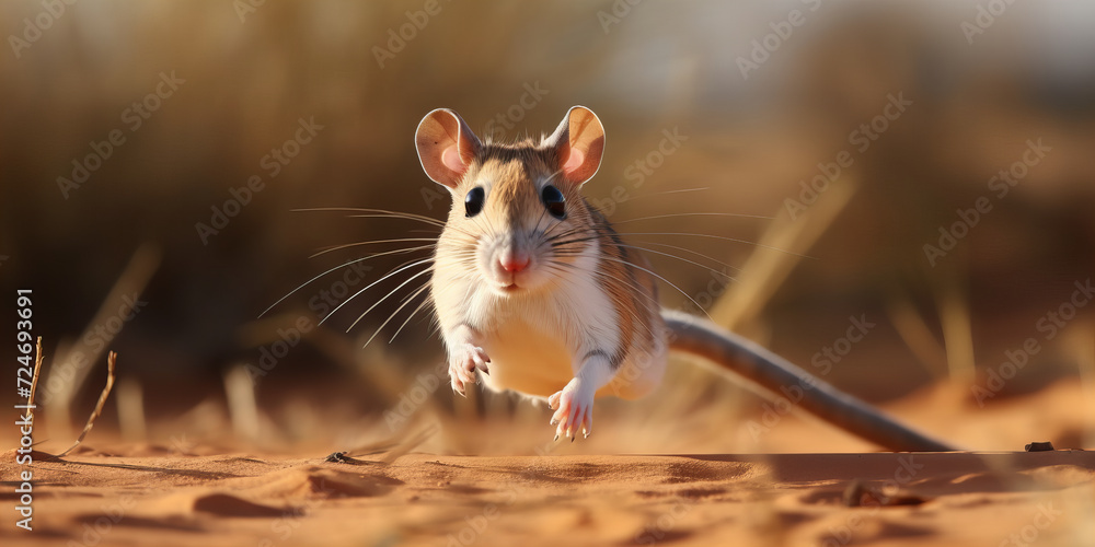 Captivating Desert Rodent in Action: Dynamic Close-Up of a Jerboa Leaping Across Sand Dunes in Golden Light