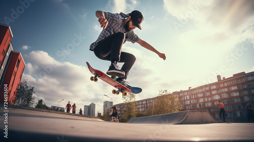 Skateboarder doing a trick in a skate park. Extreme sport.