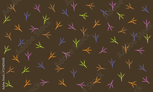 Chicken Footprints Pattern. Seamless pattern with colorful  Hen footprints against dark brown background. Seamless pattern of footprints. Used in textile, bg and other stuff. Colors are editable. EPS  © garaFix_anim