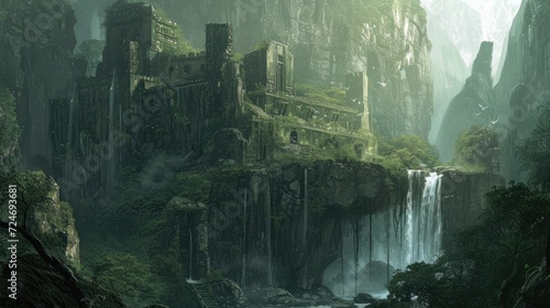 Fantasy landscape with ruins of ancient temples amidst forests and waterfalls.