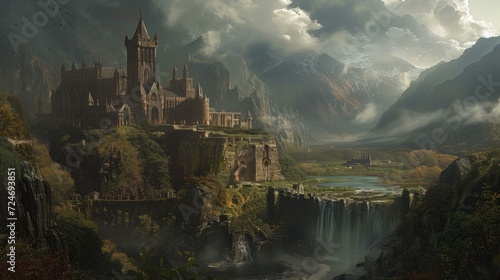 Fantasy landscape with ruins of an ancient temple in the mountains.