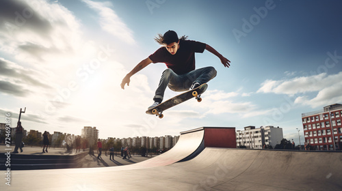 Skateboarder doing a trick in a skate park. Extreme sport.