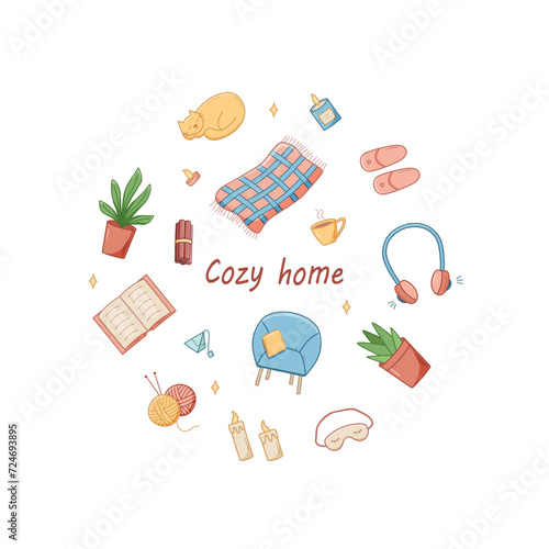 Cozy home set of doodle cartoon icons. Vector illustration elements of home accessories, comfort and everyday life.