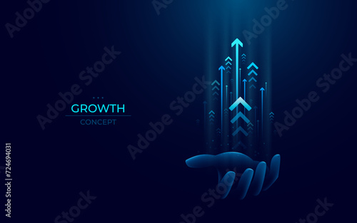 Abstract hand holds bright light blue technology speed arrows on a palm. Arrows launch up. Tech growth and innovation. Business and financial concept. Digital futuristic vector illustration. 