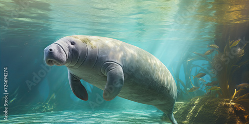 Graceful Manatee Gliding in Sunlit Waters Surrounded by Fish and Seaweed - Underwater Marine Life Scene