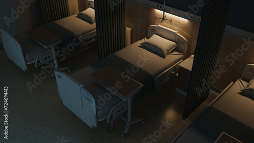 Esthetic and clean modern hospital patient room, at night. Private clinic comfortable recovery place for patient treatment. Hospital ward interior.