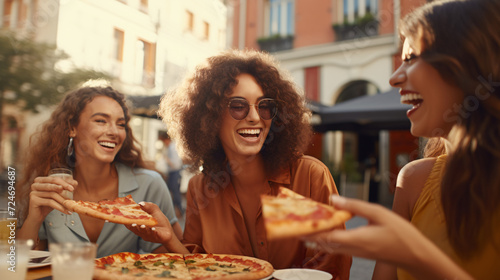 Group of friends having pizza party in the city. Young women eating pizza and drinking wine.