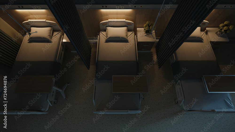 Esthetic and clean modern hospital patient room, at night. Private clinic comfortable recovery place for patient treatment. Hospital ward interior.