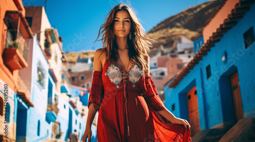 Beautiful girl in a red dress on the streets of Chefchaouen, Morocco © Argun Stock Photos