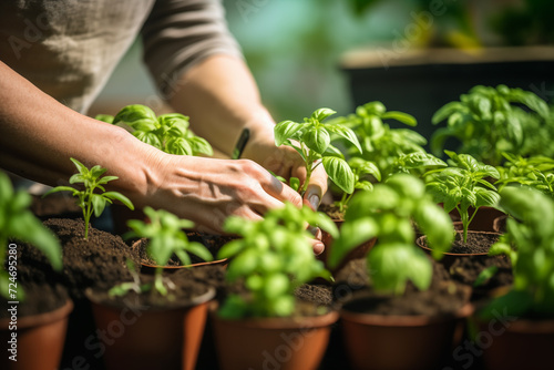 Planting herbs and seedlings in the home garden. Woman planting flowers in the soil, close up. Spring and summer gardening, bright background. 