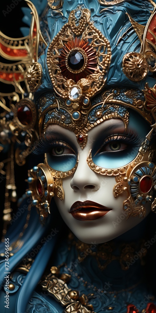 Close-up portrait of a beautiful woman with Venetian mask ai generative