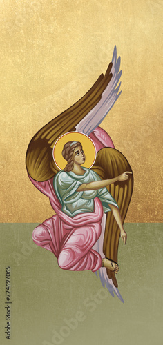 Traditional icon of Angel. Christian antique illustration on golden background in Byzantine style