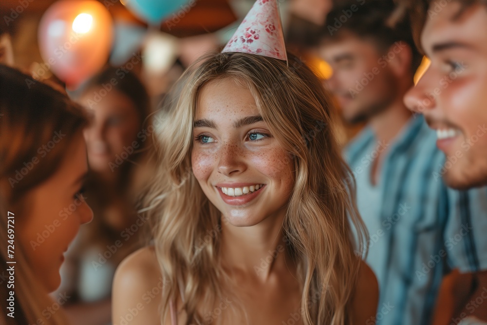 With a paper hat on her head, a teenage girl enjoys her birthday at a party with friends.