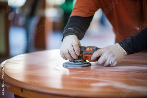 close-up of hands refinishing a hardwood table with a sander photo