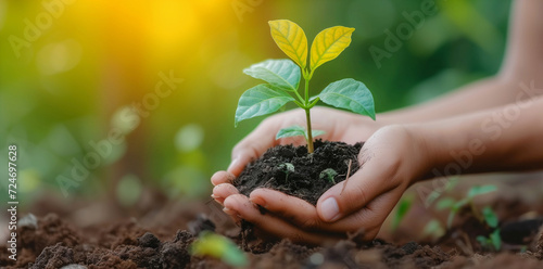 Environment Earth Day : Hands holding trees growing seedlings. Bokeh green Background Female hand holding tree on nature field grass.