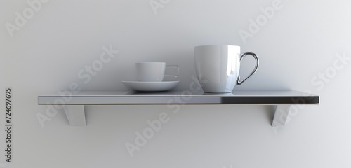 Sleek chrome kitchen shelf, empty white mug, high-tech luxury.